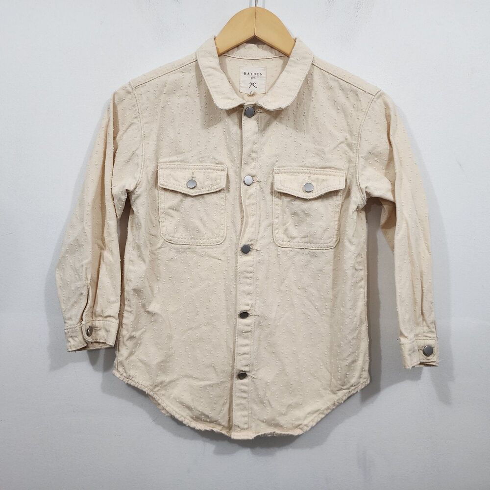 Hayden Girls Distressed Detail Button Up Shacket Cream Ivory Snap Front Size M